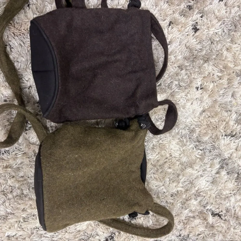 Lot 2 Handmade 100% Wool Felt Drawstring Crossbody Pouches Nepal Brown Olive
